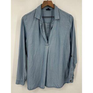 J Jill Denim Chambray Tunic Women Medium V-Neck Long Roll Tab Sleeve Button Back